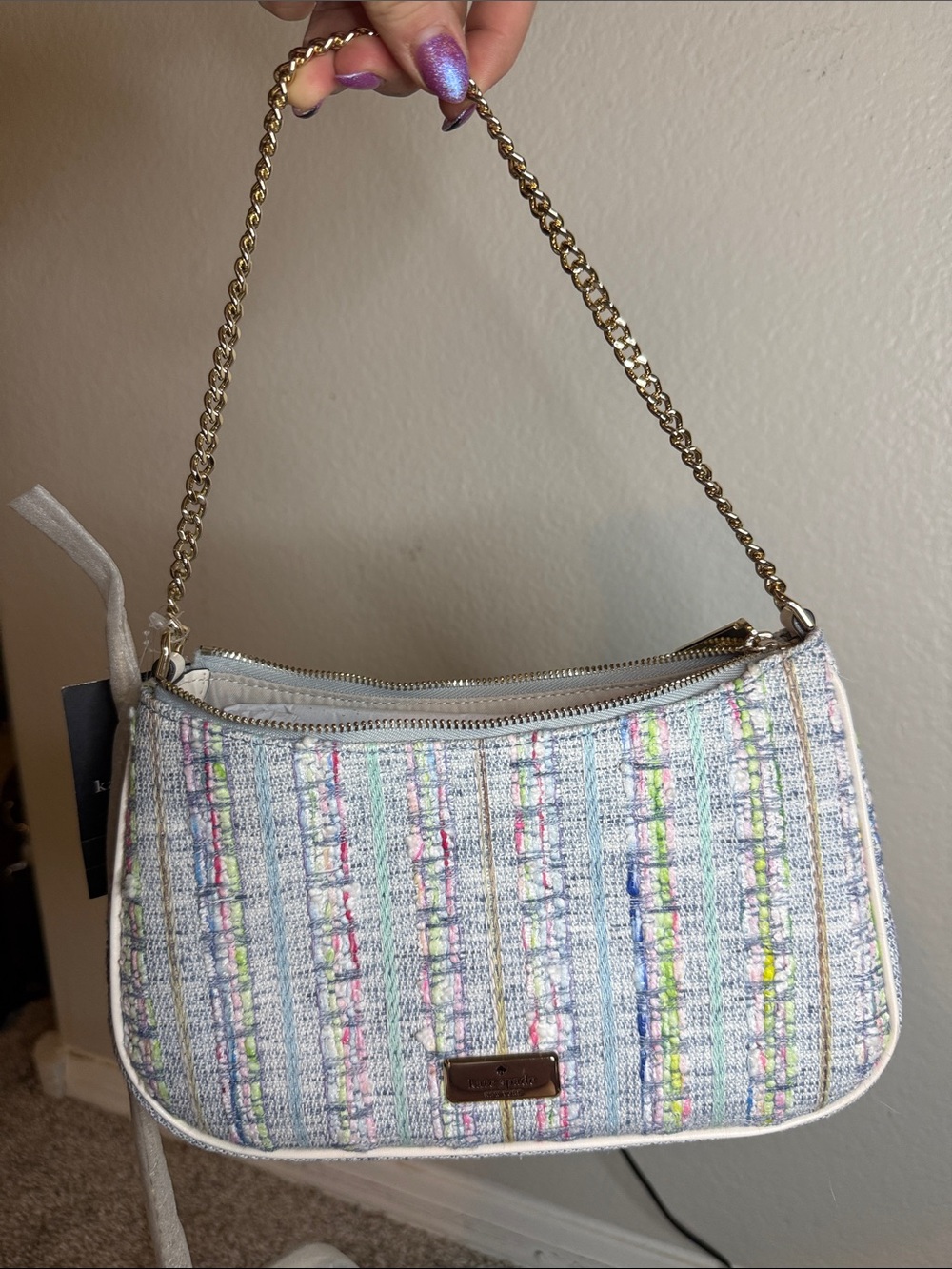Pastel Tweed Chain-Handle Shoulder Bag - White/Pastel